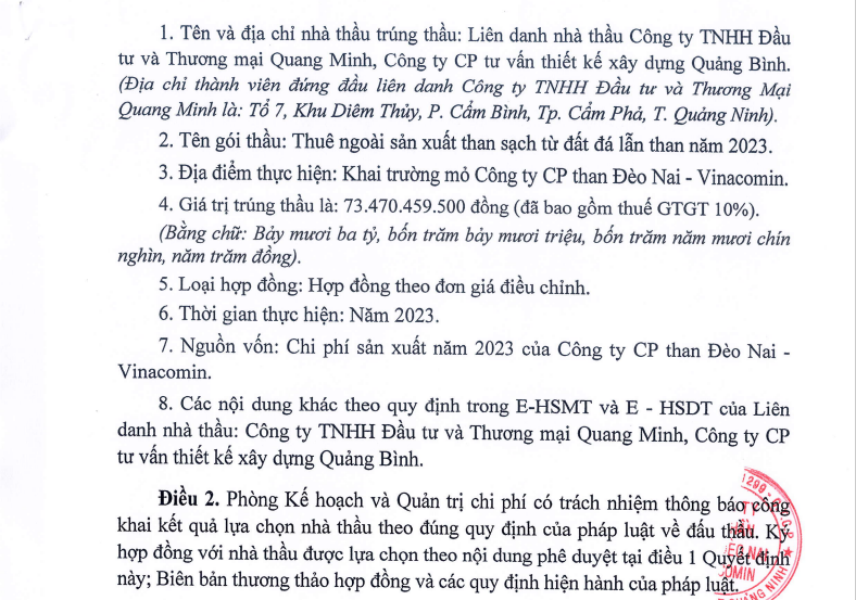 Thêm gói thầu của Than Đèo Nai – Vinacomin (TDN) về tay Công ty Quang Minh