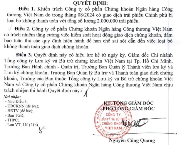 VSDC yêu cầu VietinBank Securities (CTS) tuân thủ quy định, hạn chế sai sót trong giao dịch trái phiếu