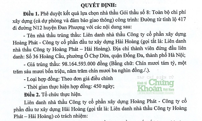 Hải Hoàng và Hoàng Phát thực hiện nhiều hợp đồng xây lắp