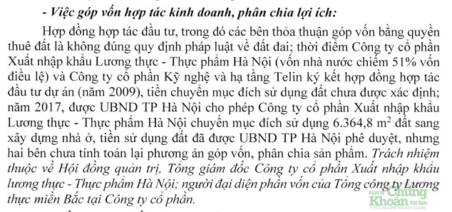 TTCP kết luận việc góp vốn dự án bằng quyền thuê đất là không đúng quy định. Trách nhiệm này thuộc về HĐQT, TGĐ Vihafood, và người đại diện phần vốn góp của Tổng công ty lương thực miền Bắc tại doanh nghiệp này