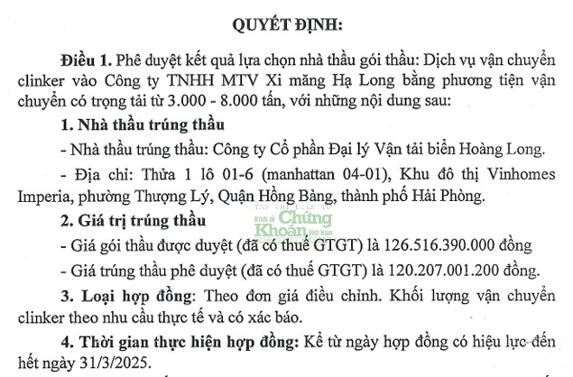 Gói thầu mới nhất tại Xi măng Hạ Long về tay Vận tải biển Hoàng Long