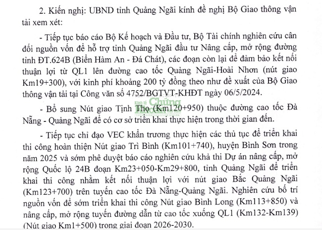 Quảng Ngãi kiến nghị lđầu tư nâng cấp các tuyến đường kết nối với cao tốc