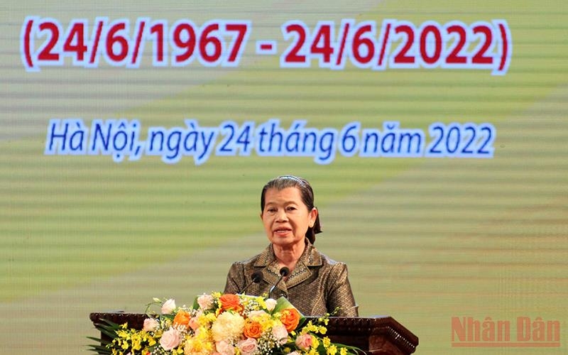 Phó Thủ tướng Campuchia Men Sam An phát biểu tại Lễ kỷ niệm. 