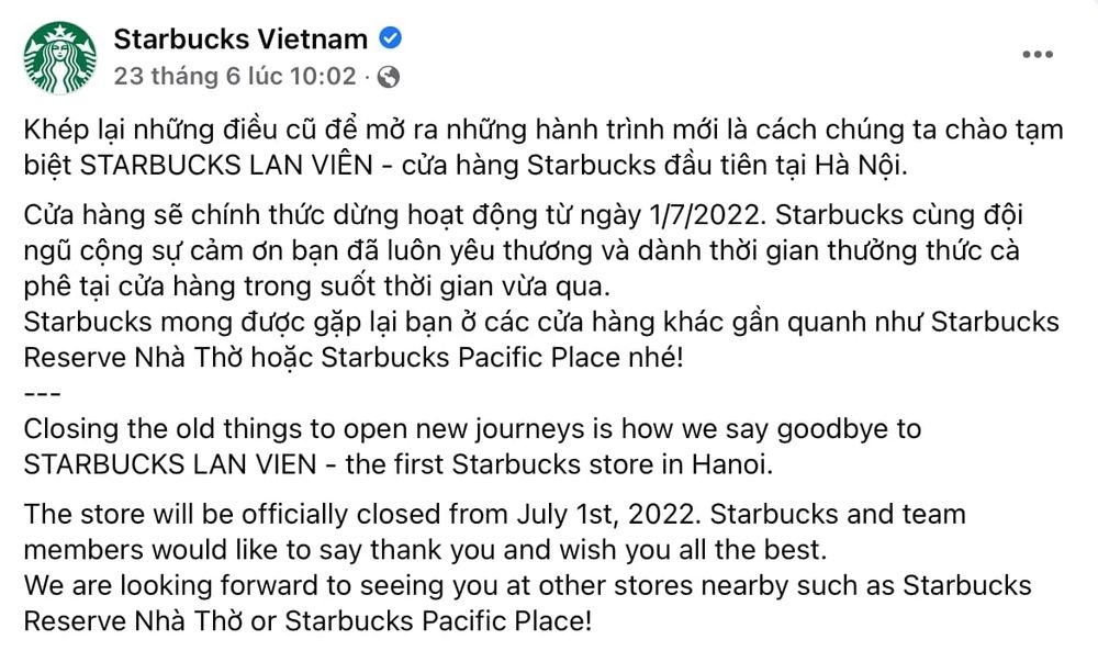 Chuỗi đồ uống nổi tiếng tại Hà Nội - Starbuck Lan Viên đóng cửa