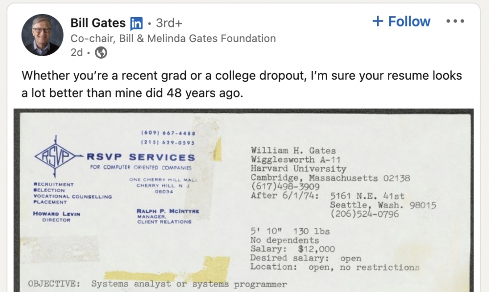 Tỷ phú Bill Gates khoe CV năm 18 tuổi, tiết lộ nhiều điều thú vị