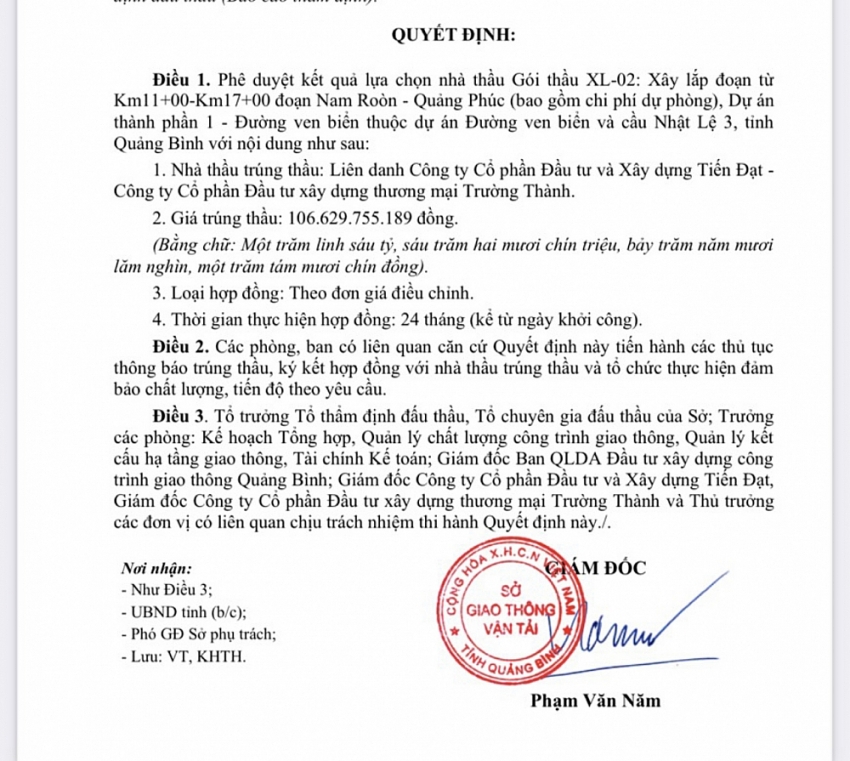 Quyết định phê duyệt KQLCNT vừa được Giám đốc Sở GTVT Quảng Bình ký ban hành