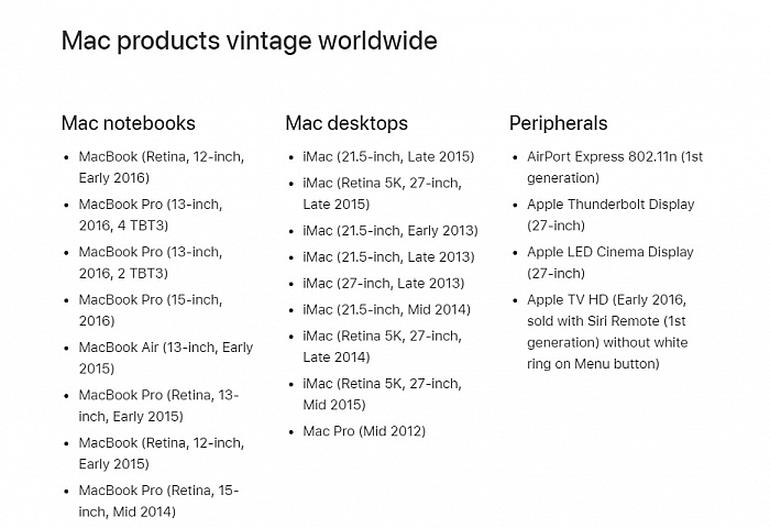 Danh sách máy tính Mac lỗi thời của Apple
