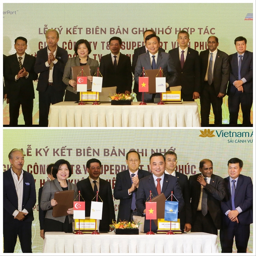 Đại diện lãnh đạo Công ty T&Y SuperPort Vĩnh Phúc ký biên bản ghi nhớ hợp tác với Vietnam Airlines và Tổng Công ty đường sắt Việt Nam