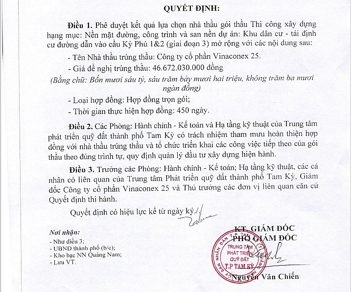 Trích một phần quyết định phê duyệt KQLCNT của Trung tâm phát triển quỹ đất TP Tam Kỳ, Quảng Nam