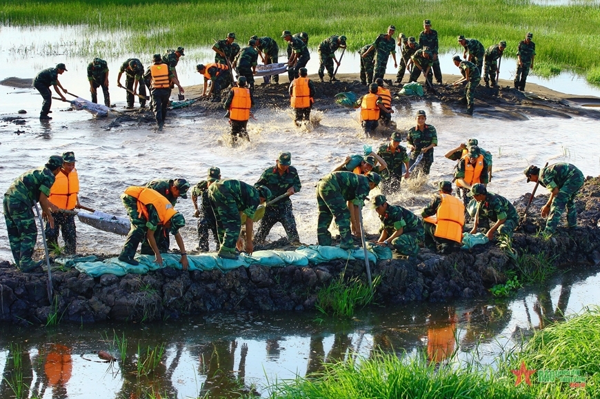 Bộ đội Sư đoàn 330 (Quân khu 9) giúp nhân dân huyện Tịnh Biên, tỉnh An Giang đắp đê bao ngăn lũ. Ảnh: HÀ QUỐC THÁI  