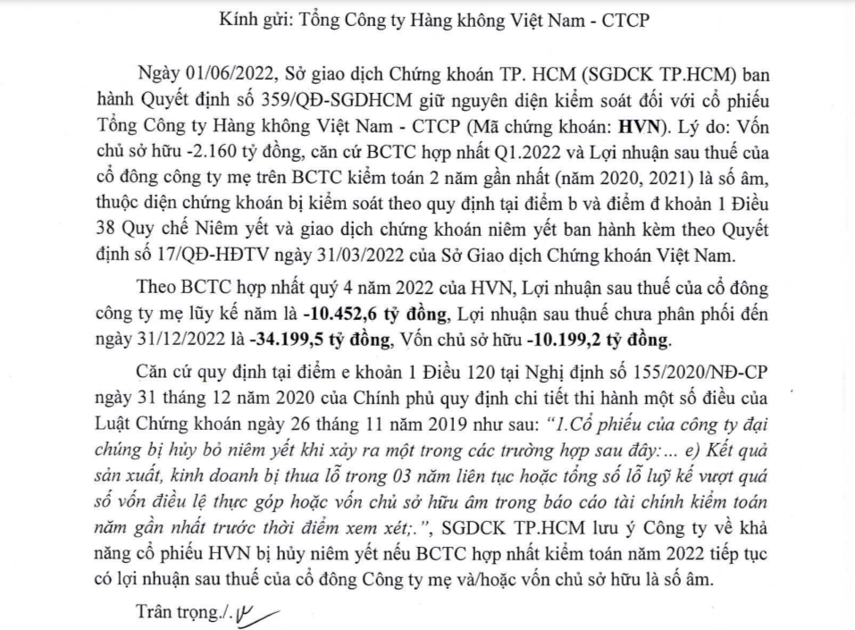 HoSE lưu ý về khả năng huỷ niêm yết của Vietnam Airlines (HVN)