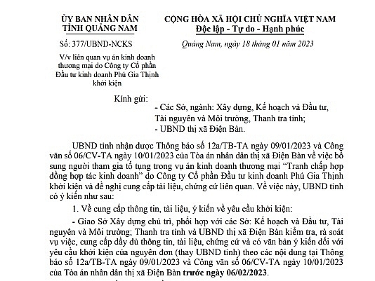 Văn bản của Chủ tịch Quảng Nam, ông Lê Trí Thanh yêu cầu các Sở, ngành rà soát cung cấp thông tin tài liệu về dự án sau khi nhận được đề nghị của TAND thị xã Điện Bàn