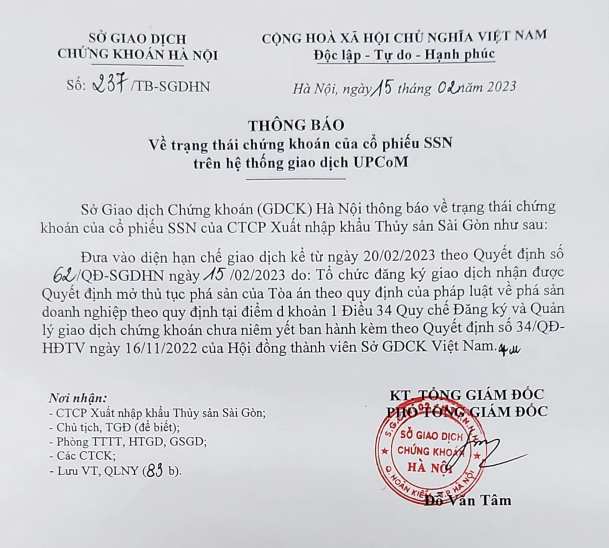 Gần 40 triệu cổ phiếu SSV của Seaprodex Sài Gòn bị hạn chế giao dịch