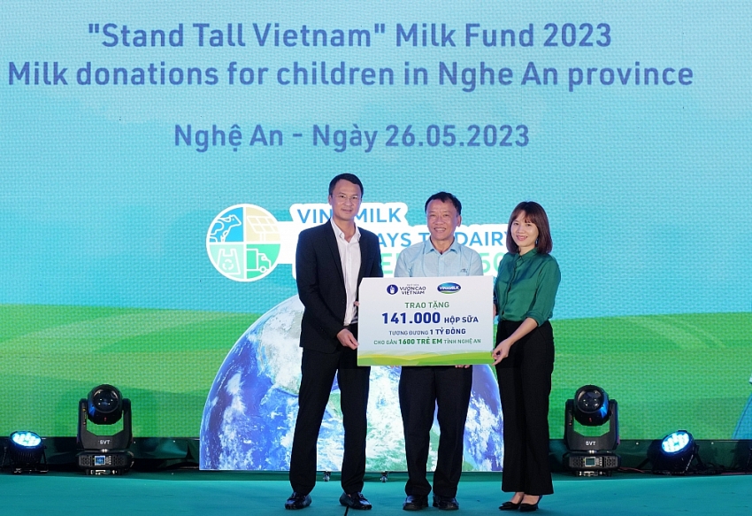 Đại diện Quỹ bảo trợ trẻ em Việt Nam và nhà máy sữa Vinamilk Nghệ An trao tặng sữa cho Quỹ bảo trợ trẻ em tỉnh  Nghệ An