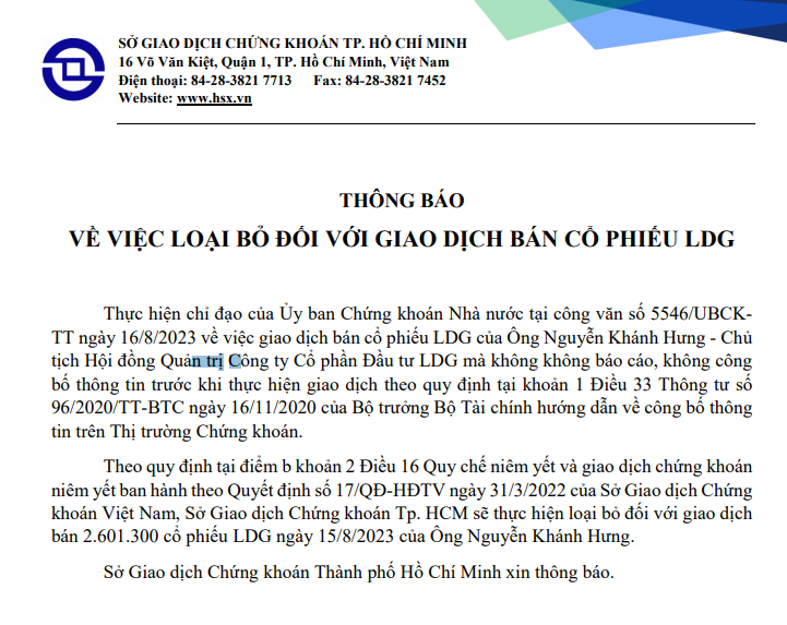 HOSE hủy bỏ giao dịch bán chui cổ phiếu LDG của Chủ tịch Nguyễn Khánh Hưng