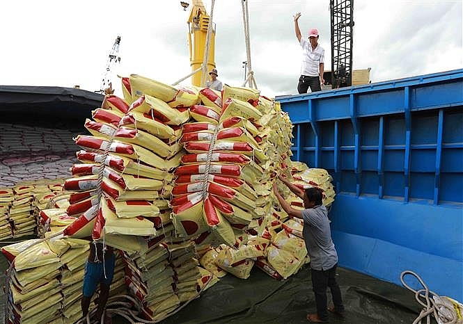 Vận chuyển gạo xuất khẩu của Tập đoàn Lộc Trời tại Tân cảng Thốt Nốt (thành phố Cần Thơ). Ảnh: Vũ Sinh/TTXVN