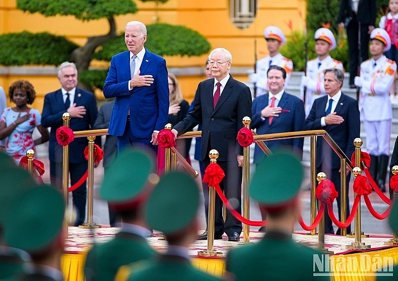 Tổng Bí thư Nguyễn Phú Trọng chủ trì Lễ đón chính thức Tổng thống Hoa Kỳ Joe Biden, ngày 10/9/2023. (Ảnh: DUY LINH)