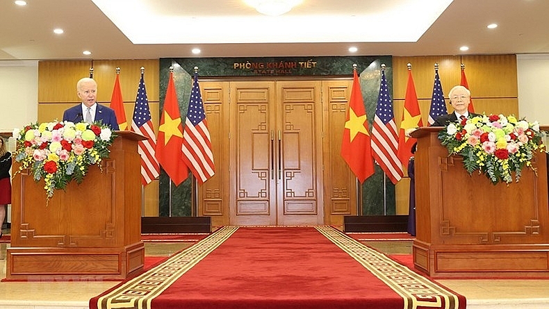 Chiều tối 10/9/2023, ngay sau cuộc hội đàm cấp cao, Tổng Bí thư Nguyễn Phú Trọng và Tổng thống Joe Biden đã phát biểu với báo chí Việt Nam, Hoa Kỳ và quốc tế, thông tin về kết quả tốt đẹp của cuộc hội đàm. (Ảnh: ĐĂNG KHOA)