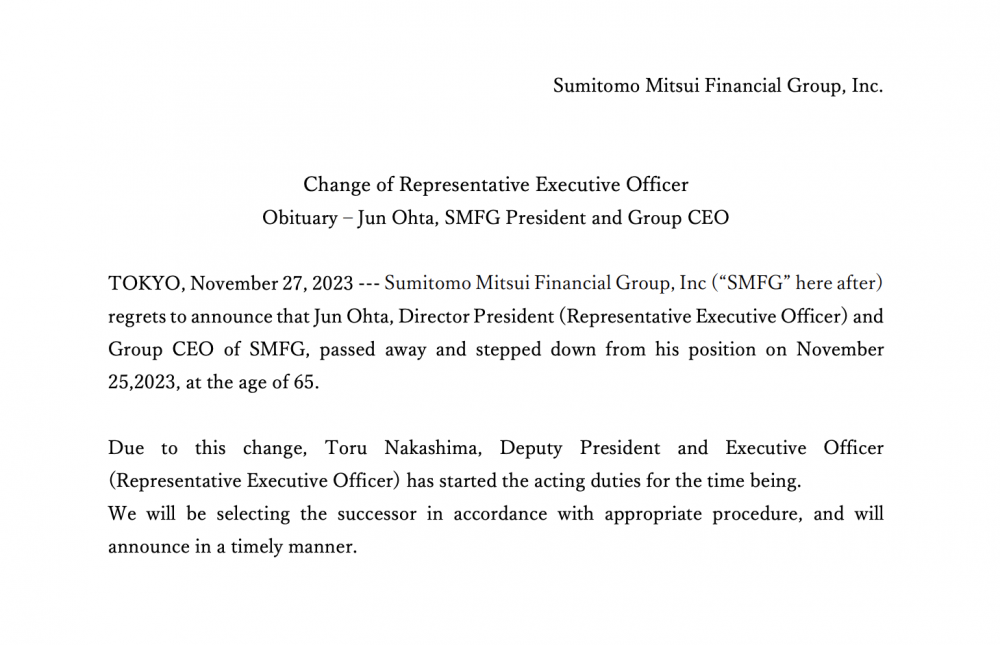 Chủ tịch kiêm CEO Jun Ohta của “siêu ngân hàng” Sumitomo Mitsui - người đứng sau thương vụ M&A lịch sử với VPBank, qua đời ở tuổi 65