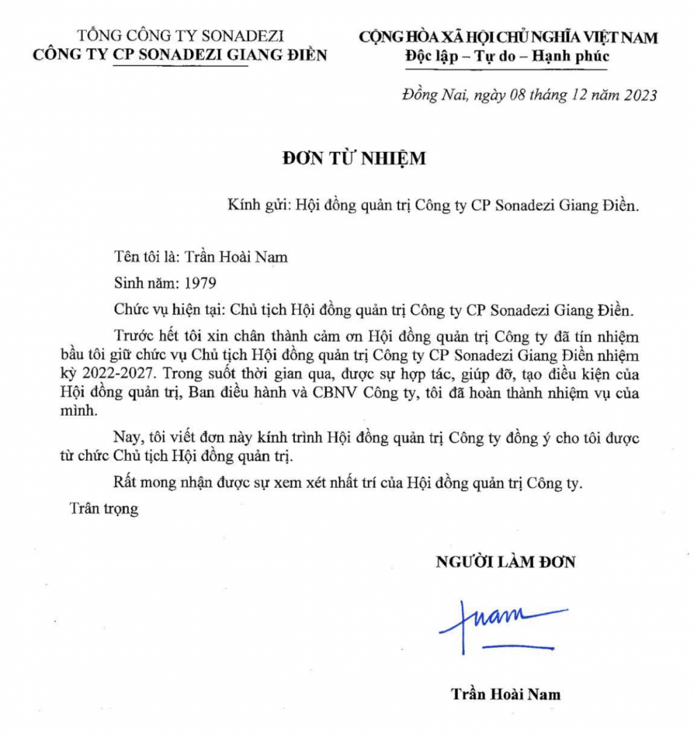 Chủ tịch Sonadezi Giang Điền (SZG) bất ngờ từ nhiệm nhưng không rõ lý do