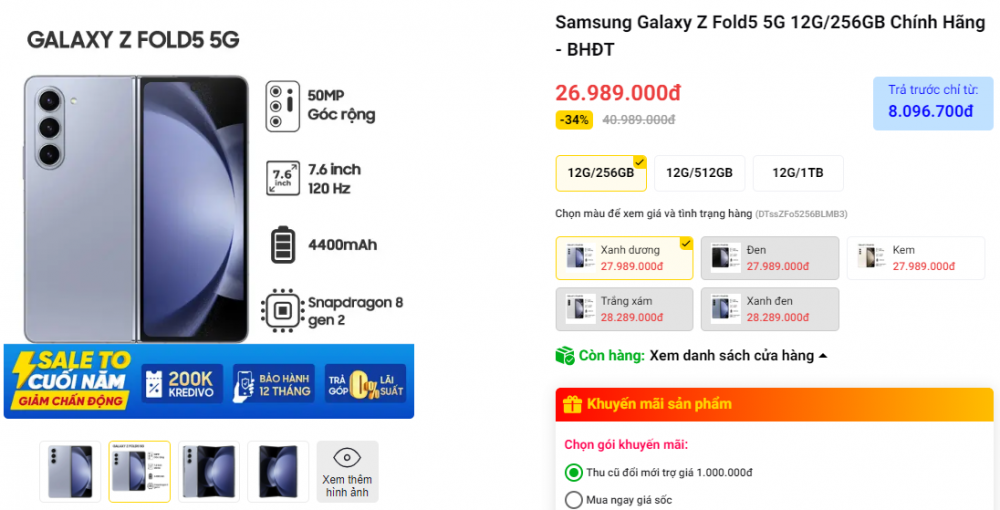 Giá Samsung Galaxy Z Fold 5 giảm mạnh đón Xuân, thời tới cho khách Việt