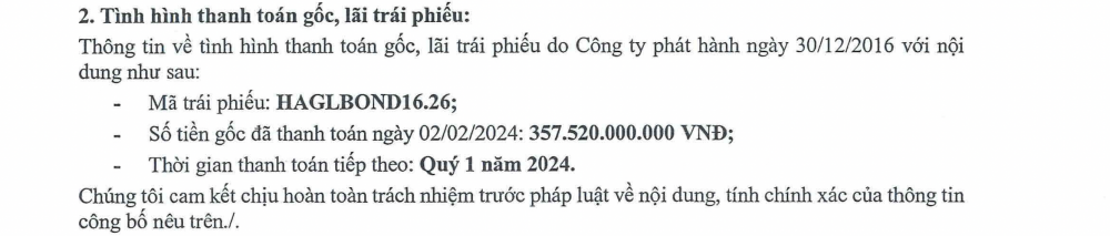 Hoàng Anh Gia Lai (HAG) thanh toán hơn 440 tỷ đồng nợ trái phiếu trước Tết Nguyên đán