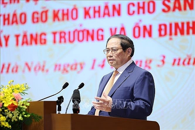 Thủ tướng Phạm Minh Chính phát biểu chỉ đạo Hội nghị triển khai nhiệm vụ điều hành chính sách tiền tệ năm 2024. Ảnh: Dương Gian/TTXVN