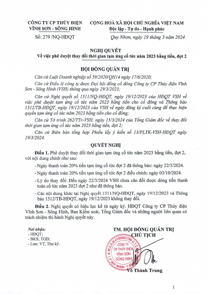 Khó đòi nợ từ EVN, Thủy điện Vĩnh Sơn - Sông Hinh (VSH) 