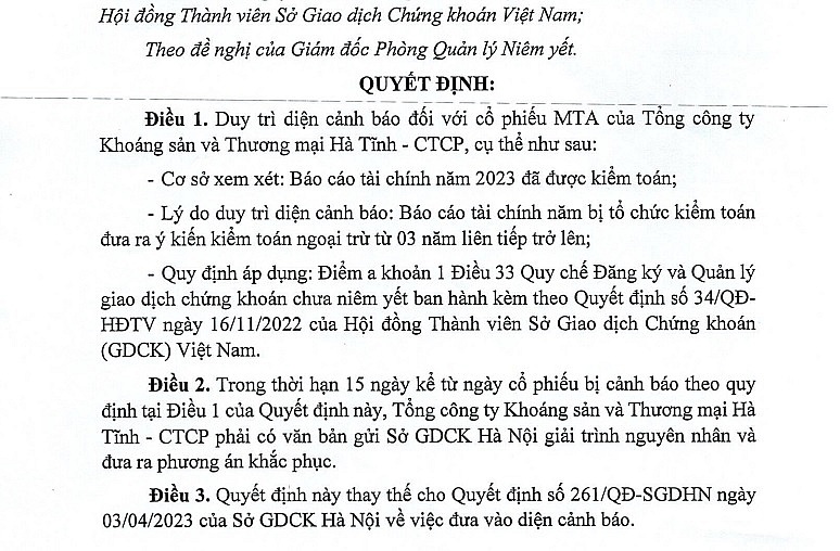 Quyết định của Sở GDCK Hà Nội về việc duy trì diện cảnh báo đối với cổ phiếu MTA của Khoáng sản và Thương mại Hà Tĩnh
