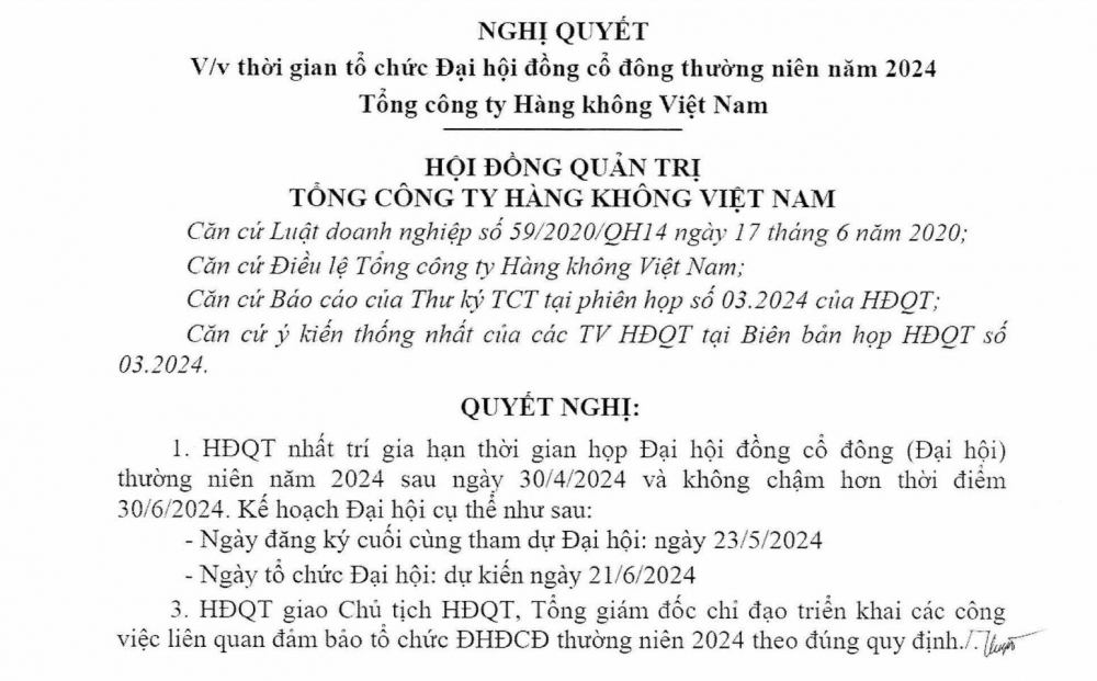 Vietnam Airlines (HVN) dời lịch họp ĐHĐCĐ thường niên 2024 tới cuối tháng 6