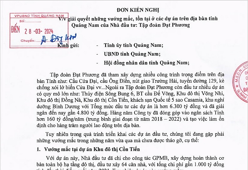 Đơn kiến nghị của Tập đoàn Đạt Phương gửi chính quyền tỉnh Quảng Nam