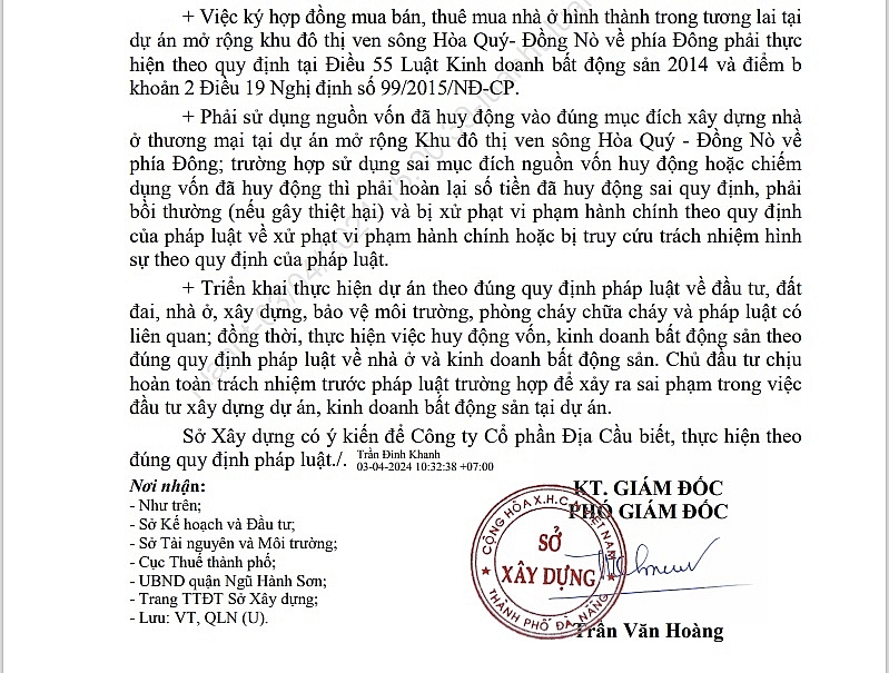 Quyết định do ông Trần Văn Hoàng, PGĐ Sở Xây dựng Đà Nẵng vừa ký
