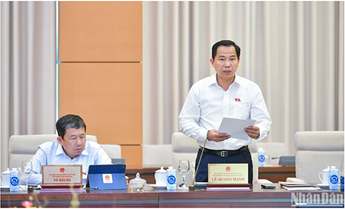 Chủ nhiệm Ủy ban Tài chính, Ngân sách Lê Quang Mạnh trình bày báo cáo thẩm tra. (Ảnh: DUY LINH)