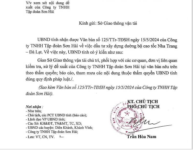 Chỉ đạo của UBND tỉnh Khánh Hòa liên quan tờ trình của Tập đoàn Sơn Hải