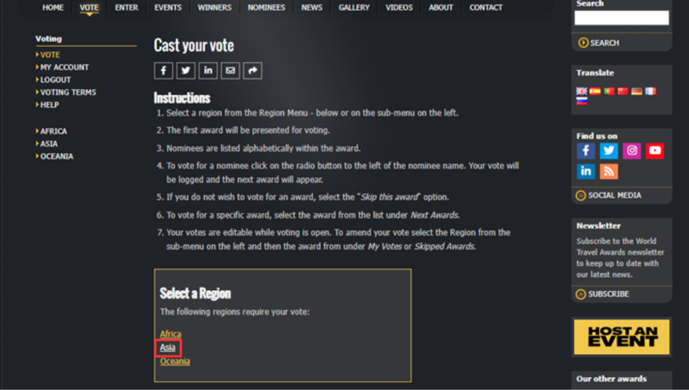 Bước 2: Tại trang Vote, phần Cast Your Vote, mục Select a Region chọn Asia