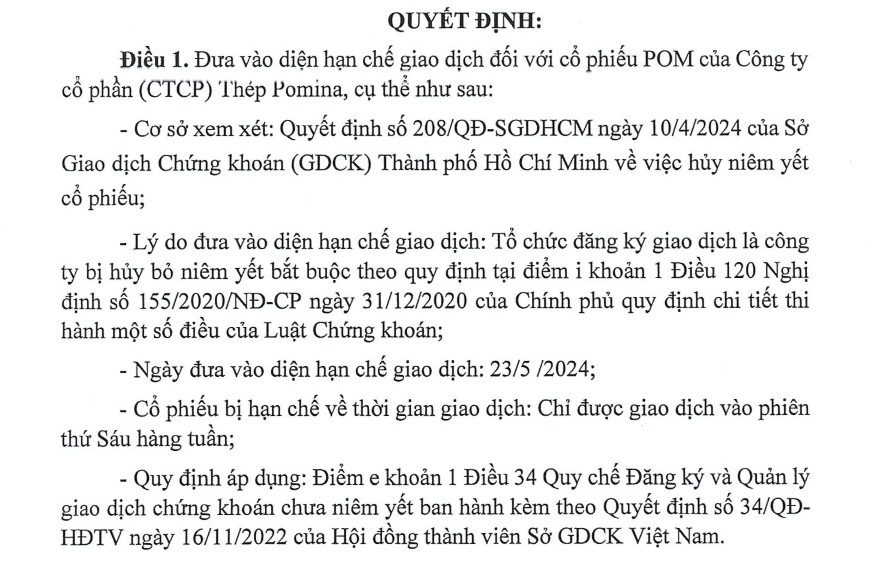 Khi nào cổ phiếu POM của Thép Pomina thoát án hạn chế giao dịch?