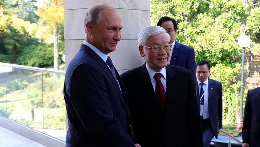 Tổng Bí thư Nguyễn Phú Trọng gặp và hội đàm với Tổng thống Liên bang Nga Vladimir Putin tại thành phố Sochi (Nga) năm 2018. (Ảnh: Đại sứ quán Việt Nam tại LB Nga)