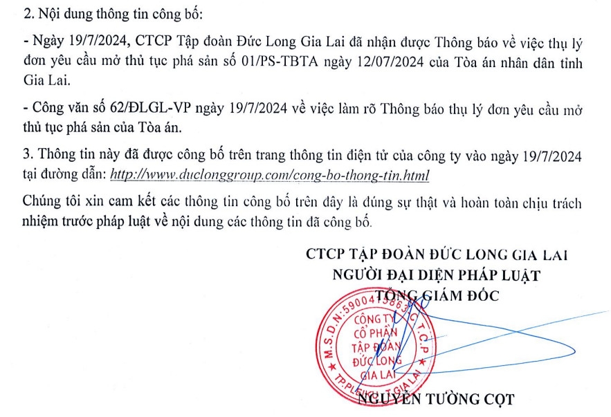 Đức Long Gia Lai lại bị chủ nợ yêu cầu mở thủ tục phá sản, cổ phiếu DLG lập tức 