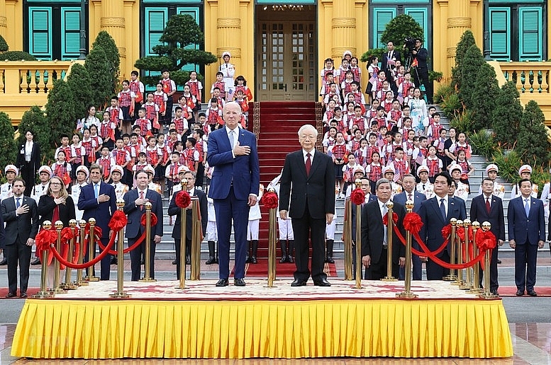 Tổng Bí thư Nguyễn Phú Trọng chủ trì lễ đón Tổng thống Hợp chúng quốc Hoa Kỳ Joseph R. Biden, Jr. thăm Việt Nam, tháng 9/2023 - Ảnh TTXVN