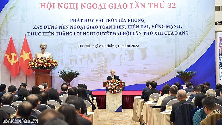 Tổng Bí thư Nguyễn Phú Trọng phát biểu chỉ đạo tại Hội nghị Ngoại giao 32 - Ảnh: baoquocte.vn