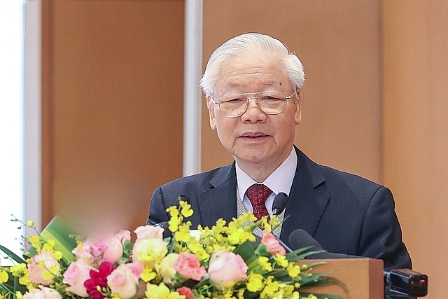 Tổng Bí thư Nguyễn Phú Trọng tại Hội nghị Chính phủ với các địa phương tổng kết công tác năm 2022, triển khai nhiệm vụ năm 2023. Ảnh VGP/Nhật Bắc