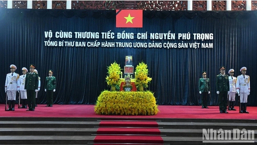Linh cữu Tổng Bí thư Nguyễn Phú Trọng được quàn tại Nhà tang lễ Quốc gia số 5 Trần Thánh Tông, thành phố Hà Nội.