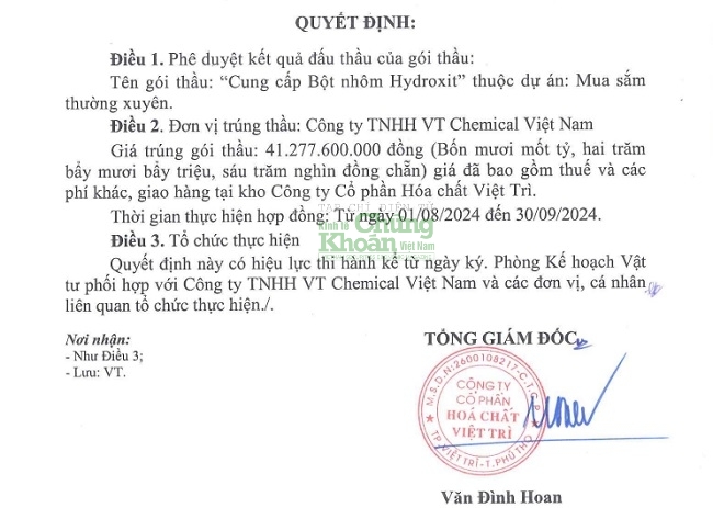 Công ty Chemical Việt Nam và ‘may mắn khó tin’ khi đấu thầu tại Hóa chất Việt Trì