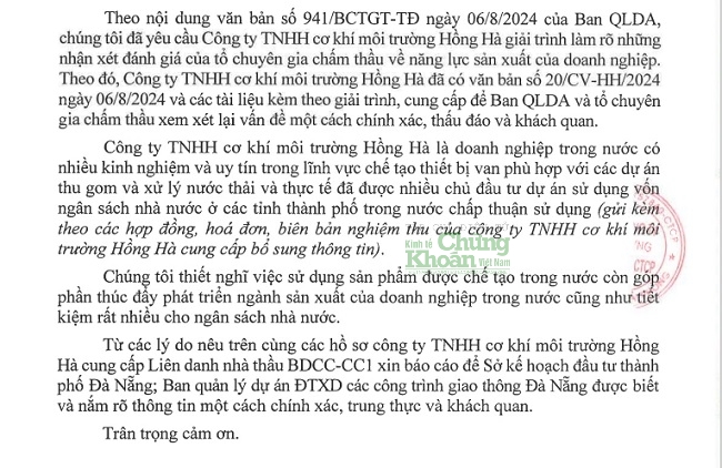 Trong công văn mới nhất, Liên danh Bạch Đằng - CC1 cho biết đã yêu cầu Công ty TNHH Cơ khí môi trường Hồng Hà giải trình những đánh giá của bên mời thầu về năng lực sản xuất của công ty này