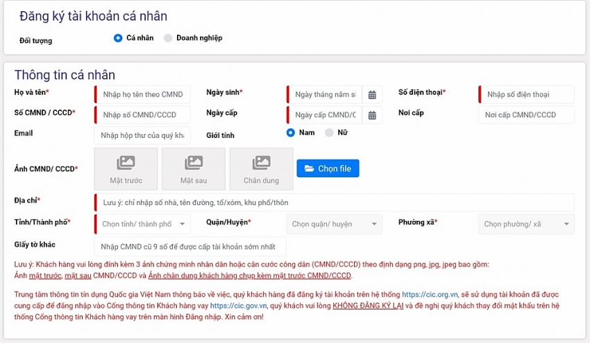 Đăng ký tài khoản trên website CIC. Ảnh: Internet