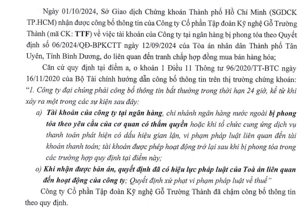 thông báo nhắc nhở chậm CBTT tài khoản của TTF tại ngân hàng bị phong tỏa đối với Công ty Cổ phần Tập đoàn Kỹ nghệ Gỗ Trường Thành