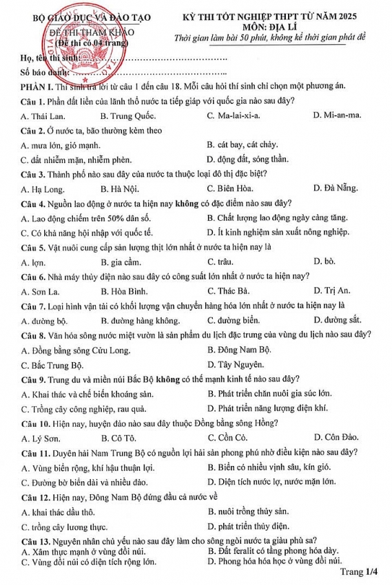 Công bố đề minh họa môn Địa lý thi tốt nghiệp THPT Quốc Gia 2025