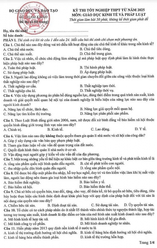 Công bố đề minh họa môn Giáo dục kinh tế và pháp luật thi tốt nghiệp THPT Quốc Gia 2025