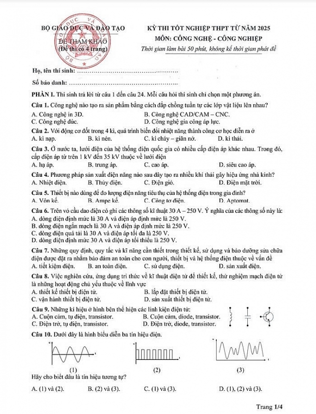 Công bố đề minh họa môn Công nghệ - công nghiệp thi tốt nghiệp THPT Quốc Gia 2025