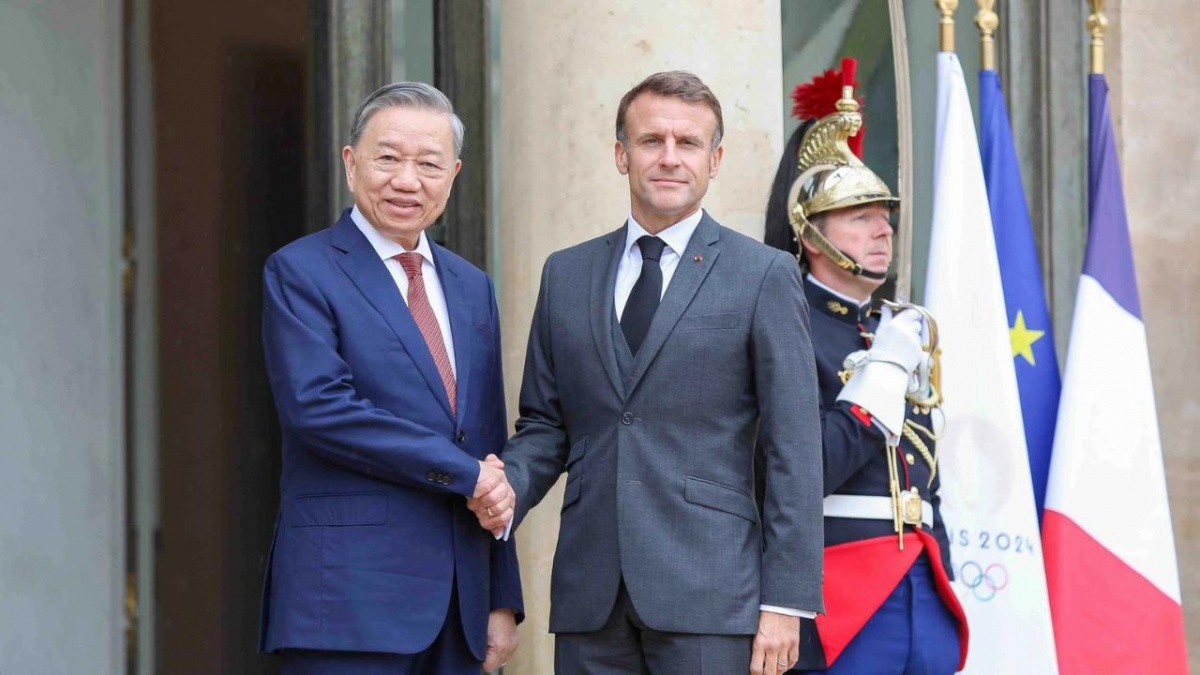 Tổng thống Pháp Emmanuel Macron đón và hội đàm với Tổng Bí thư, Chủ tịch nước Tô Lâm, chiều ngày 7/10/2024, tại điện Elysee